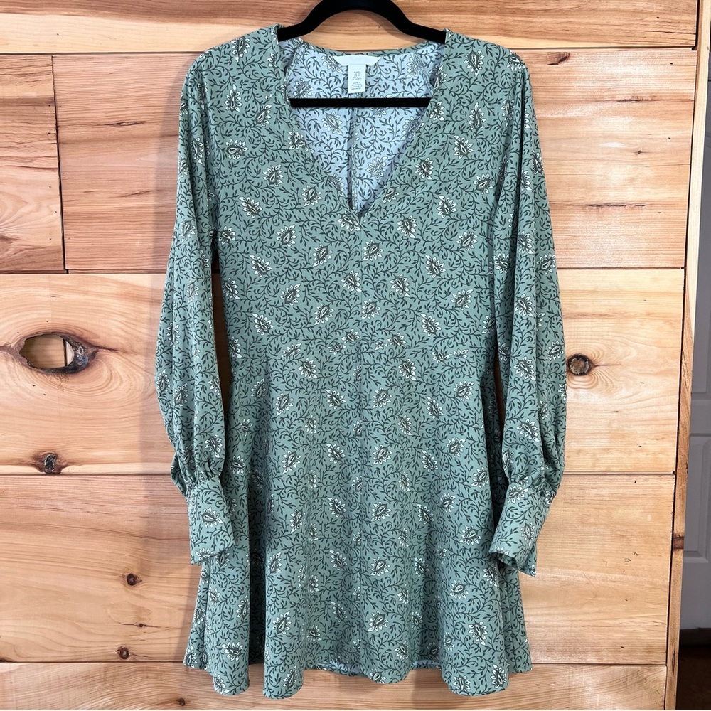 H&M Coquette Sage Green Long Sleeve Low-V Mini Dress